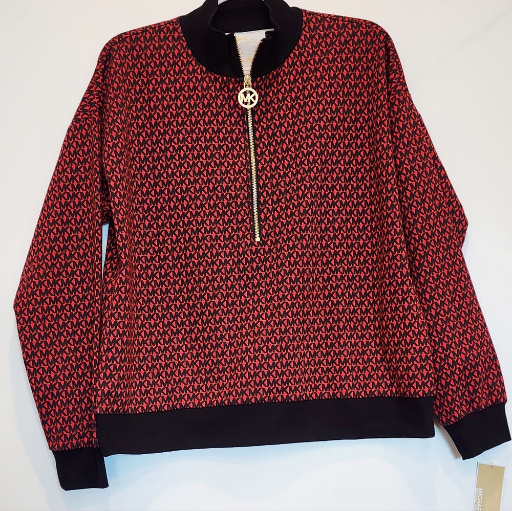 Michael Kors Women's Logo Monogram Red & Black Pullover Shirt Size L